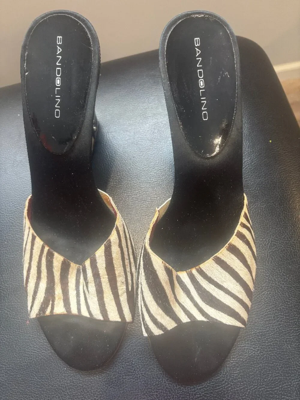 Bandolino Zebra Print Fur Hair Studded Wooden Wedge Mules Sz 11